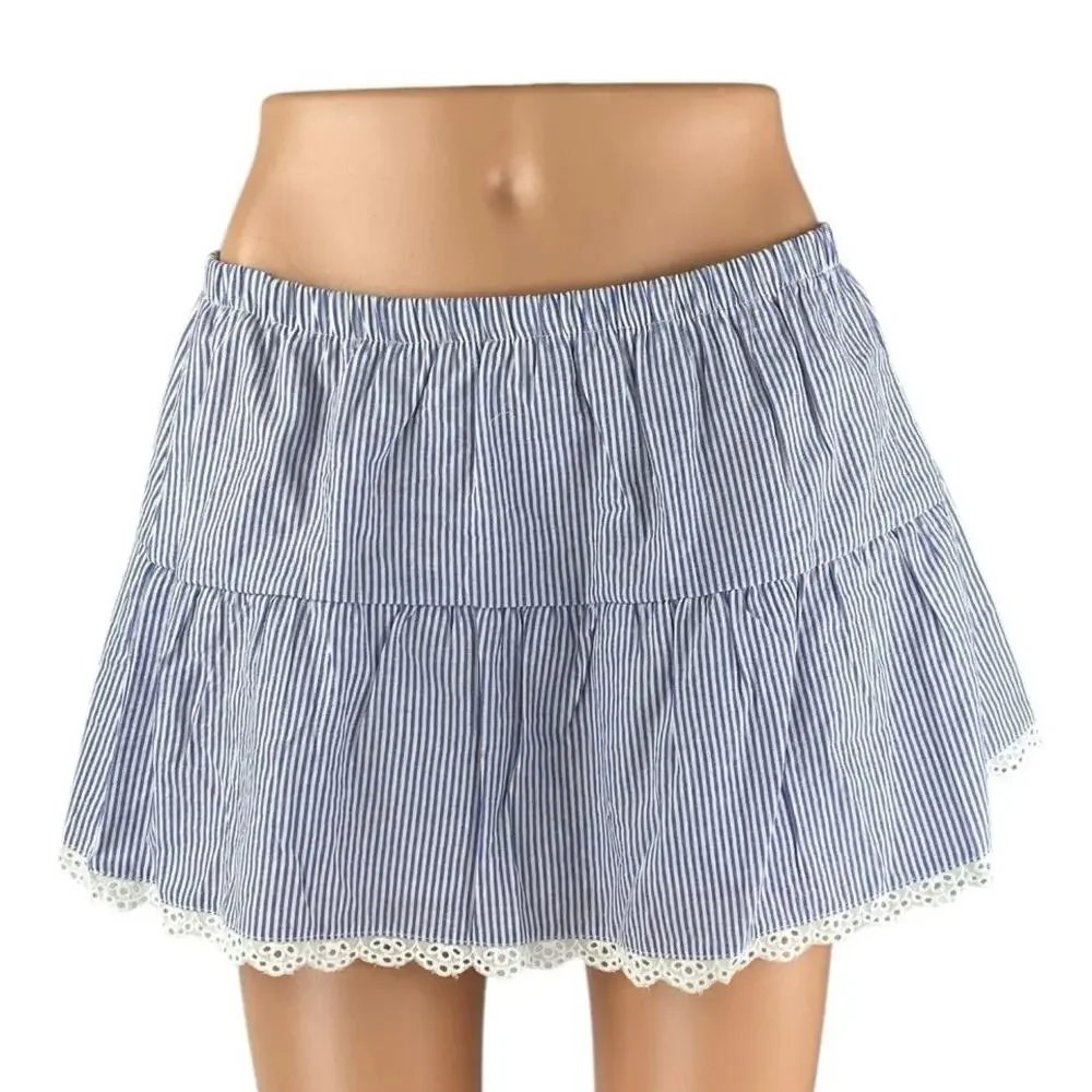 NEW Edikted Blue White Seersucker Striped Tiered Lace A Line Mini Skirt Size M